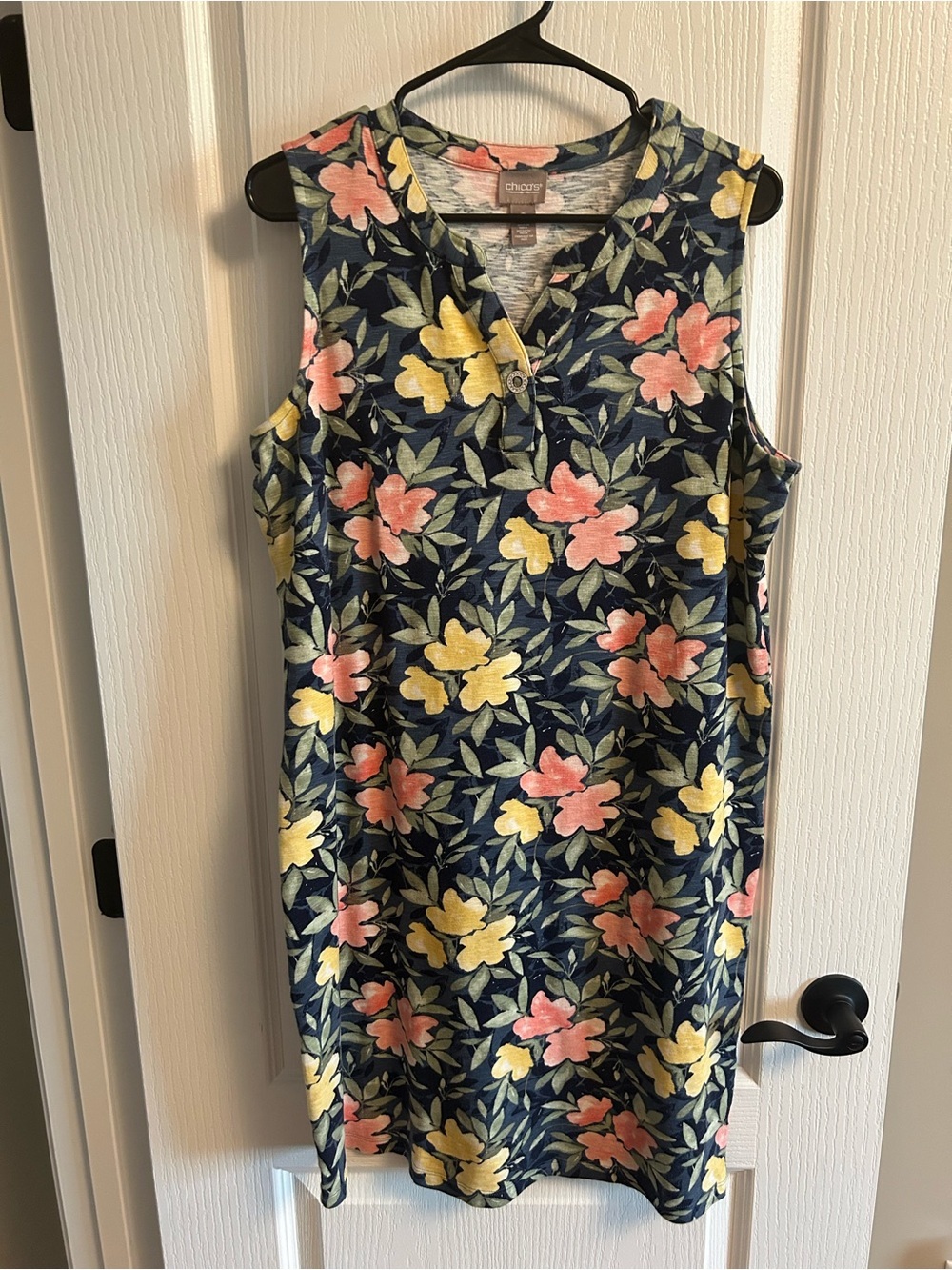 Chico's Navy Floral Sleeveless Shift Dress with Pink & Yellow Blooms